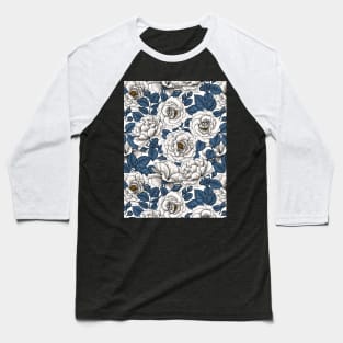 White roses with blue leaves on white Baseball T-Shirt